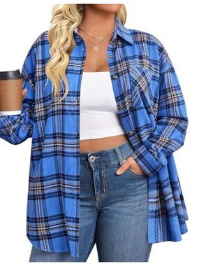 Women's Plus Size Plaid Flannel Shirt Long Sleeve Button Down Casual Blouse Top